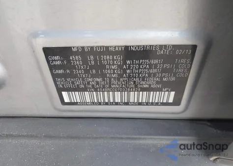 2013 Subaru Outback 2.5I Premium from USA, damaged, VIN 4S4BRCCC7D3284829